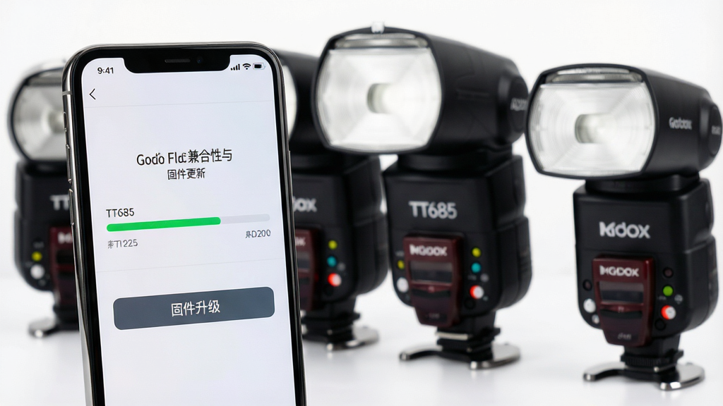 一张展示 Godox Flash 兼容性与固件升级功能的图片。主体是手机屏幕显示 Godox Flash 的固件更新界面,界面中有进度条和“固件升级”按钮。手机旁边摆放着几款不同型号的神牛闪光灯,如TT685、AD200等,灯身上有品牌标识。布局上,手机在前景,闪光灯在背景虚化排列。排版突出手机屏幕内容。风格为产品展示图。细节上,闪光灯金属热靴和灯头细节清晰。画质高清,干净,无多余元素。