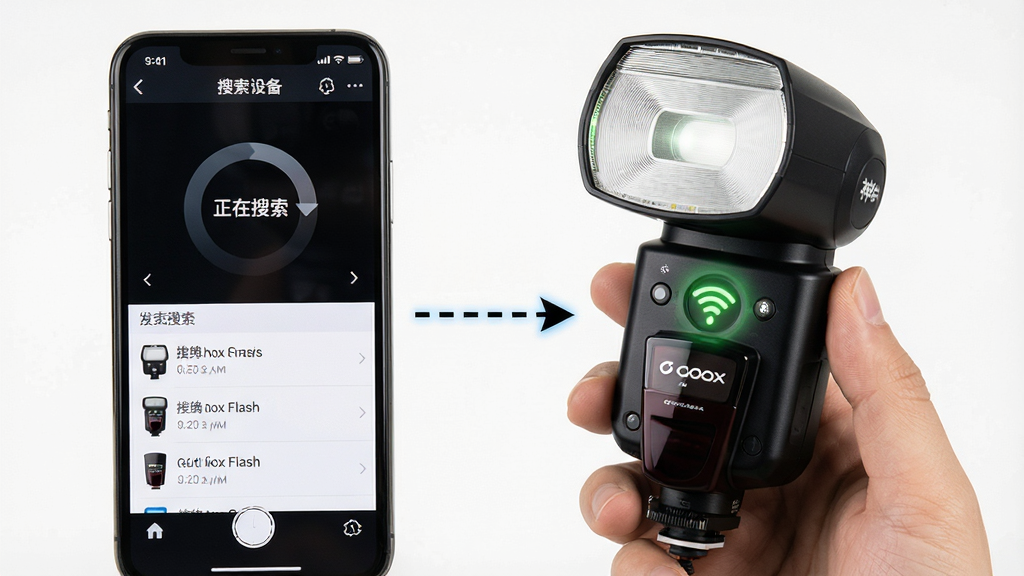 一张展示 Godox Flash 连接操作要点的图片。主体是手机屏幕显示 Godox Flash 的搜索设备界面,界面上有“正在搜索”的动画和已发现的设备列表。旁边有一只手拿着神牛闪光灯,灯上的无线指示灯亮起。布局上,手机和灯并排,用虚线箭头示意连接。排版突出搜索状态。风格为操作指引图。细节上,手机界面文字清晰,闪光灯指示灯有光晕效果。画质高清,干净,无多余元素。