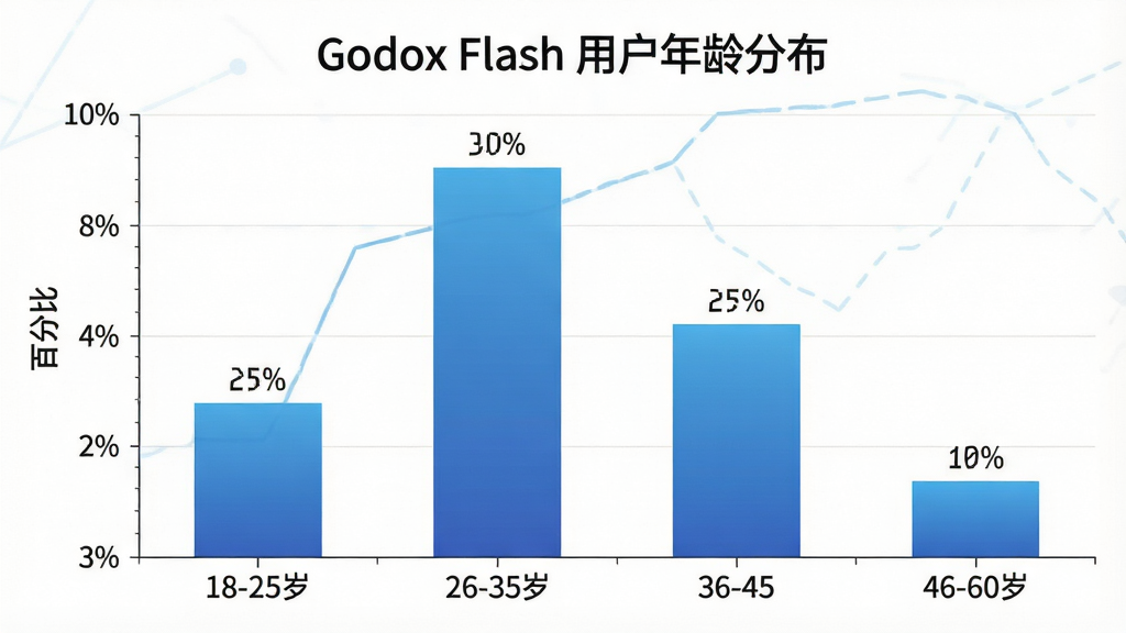 一张展示 Godox Flash 用户年龄分布的柱状图。主体是一个柱状图,横轴为年龄段:18-25岁、26-35岁、36-45岁、46-60岁,纵轴为百分比。柱状图颜色为蓝色渐变。布局上,图表居中,标题为“Godox Flash 用户年龄分布”。排版清晰,有数据标签。风格为扁平化信息图。细节上,柱子高度分别对应25%、40%、25%、10%。画质高清,干净,无多余元素。