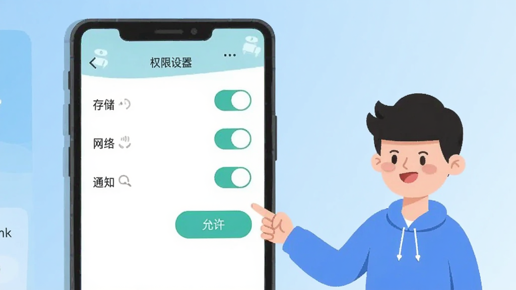 �ֻ���Ļ��ʾˢ�̾�����APP��Ȩ�����ý��棬�������д洢�����硢֪ͨ��Ȩ�޿��أ��Ա���һ����ͨ����ָ����Ļ�ϵġ���������ť��������ǳ��ɫ���䣬����ƽ���廭�������������ɾ����޶���Ԫ��