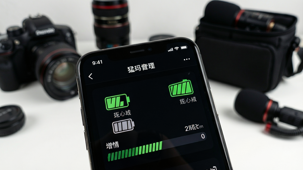 特写镜头展示手机屏幕上的猛玛音频App设备管理界面,屏幕中清晰显示无线麦克风发射器和接收器的电量图标,旁边有绿色的信号满格标识和增益数值条,背景是虚化的摄影器材桌面,有相机和麦克风收纳包,风格写实,画质清晰干净