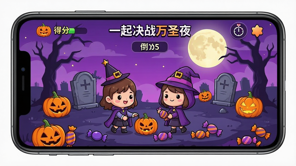 �ֻ���Ļ����ʾ��һ���ս��ʥҹ����Ϸ�����еĻ��棬��ɫ�����ռ��Ϲ��ǹ�����Ļ����ʾ�÷ֺ͵���ʱ����������ʥ�ڷ���Ĺ����������������ͨ�ɰ���ɫ������ɫ�ͳ�ɫΪ�������������ɾ����޶���Ԫ��