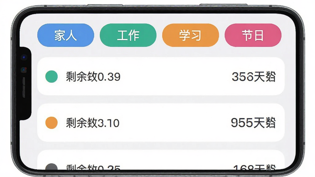 �ֻ�����չʾ��ǩ����ҳ�棬�����С����ˡ�����������ѧϰ�������ա��ĸ���ɫ��ǩ��ť���·��б���ʾ��Ӧ�¼���Ƭ��ÿ�ſ�Ƭ����в�ɫԲ�㣬�Ҳ���ʾʣ��������������ɫ����������������ƽ�������ʸɾ����޶���Ԫ��