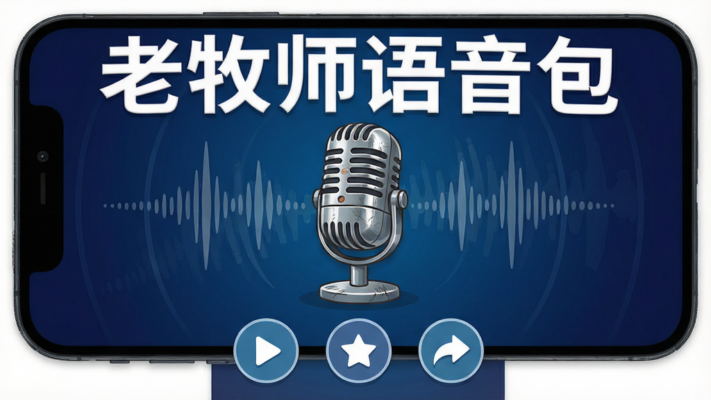 手机屏幕中央展示一个复古风格的麦克风图标,周围环绕着几段声波纹理,背景是深蓝色渐变,顶部用白色粗体字写着“老牧师语音包”,下方排列着播放、收藏、分享三个圆形按钮,整体布局简洁明了,风格采用扁平化插画风,细节上麦克风带有金属光泽和细微的划痕质感,画面干净无多余元素,高清画质。