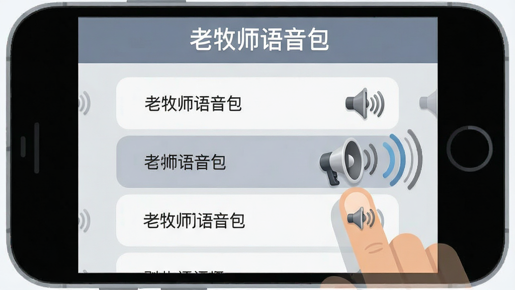 画面中央是一个手机界面截图风格的插画,顶部标题栏写着“老牧师语音包”,下方是纵向排列的语音条目列表,每条右侧有一个小喇叭图标,其中一条被手指点击,旁边弹出播放中的声波动画,背景是浅灰色,风格为扁平化UI设计,细节上喇叭图标带有轻微的立体感,文字清晰可读,画质干净整洁。