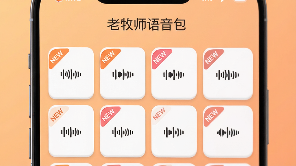 画面是一个手机界面,顶部显示“老牧师语音包”字样,下方是网格状排列的语音卡片,其中几张卡片上带有“NEW”角标,背景是柔和的橙色渐变,风格为扁平化设计,细节上卡片边缘有圆角处理,角标颜色鲜艳但不刺眼,整体布局整齐,画质清晰干净。