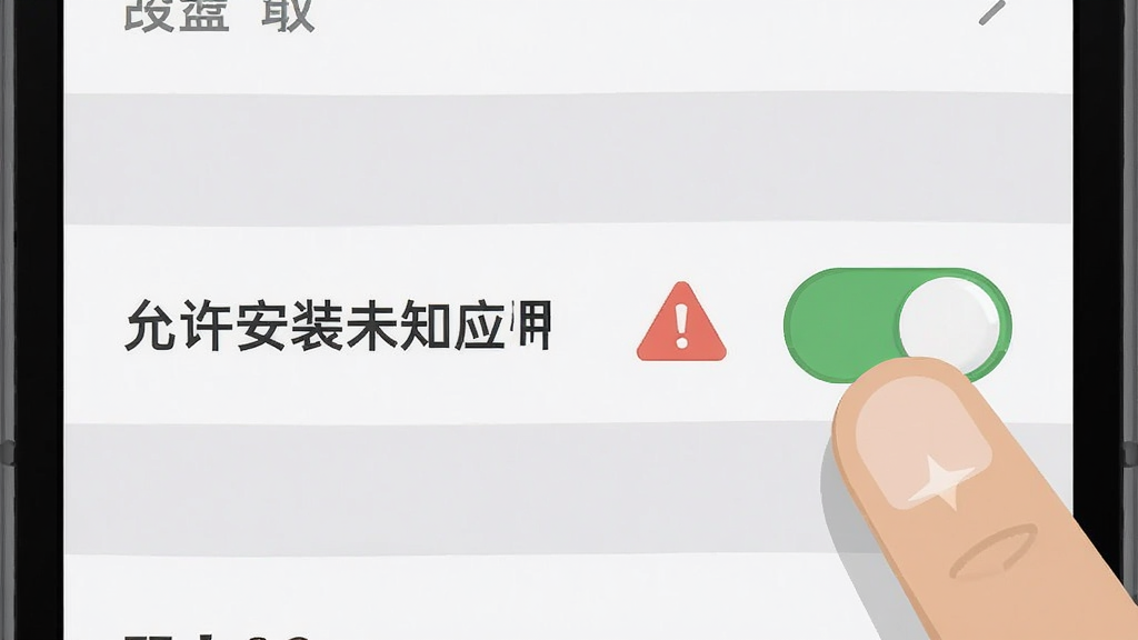 手机屏幕显示设置界面中“允许安装未知应用”的开关被手指拨到开启状态,旁边有红色警示图标,背景是浅灰色设置菜单,风格为扁平化UI插画,细节上开关带有高光效果,文字标注清晰,画面干净无多余元素,高清画质。