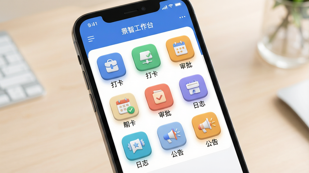 һ��չʾ�����ǹ���̨���ۺ�ʽ�칫��幦�ܵ�ͼƬ������Ϊ�ֻ���Ļ��д����Ļ����ʾ�����ǹ���̨��APP�Ŀ�ݰ칫�����棬����Ϊ�Ź�����ͼ�꣨�����򿨡���������־������ȣ����Ű��������򣬷��Ϊ�ִ���ƽ����ϸ����ͼ�����΢����У����ʸɾ����޶���Ԫ�أ�����Ϊ��͵�ǳɫ�칫���档