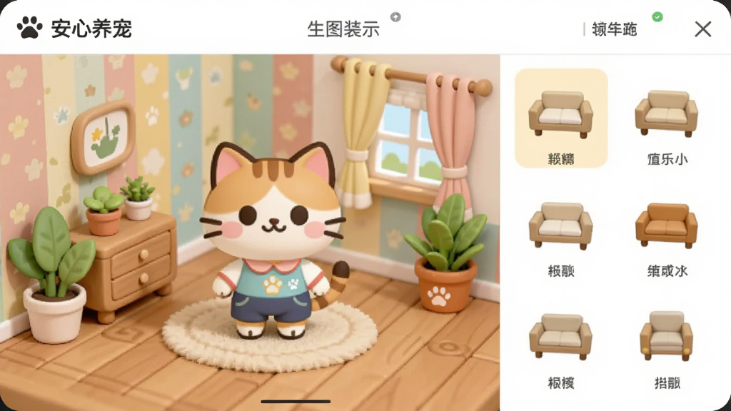 ��ͼ��ʾ�ʣ�һ���ֻ�Ӧ�ý���չʾͼ���������ǡ��������衱�ķ���װ��ҳ�棬һ����ͨè�䴩��С�·�վ�ڲ��úõķ����������ľ�ʵذ塢��ɫǽֽ����ֲ�������Ҳ��мҾ�ѡ��˵������ɰ���ܰ���������������ʸɾ��޶���Ԫ�ء�