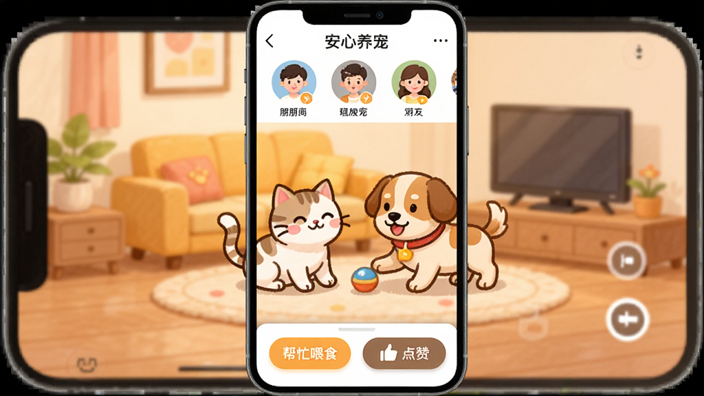 ��ͼ��ʾ�ʣ�һ���ֻ���Ļ����ͼ��չʾ���������衱�ĺ��Ѱݷý��棬��������һֻ��ͨè���һֻ��ͨ���������ѼҵĿ�������ˣ�����涥���к���ͷ���б����ײ��а�æιʳ�͵��ް�ť����������Ѻã�ɫ����ů���Ű��࣬���ʸɾ��޶���Ԫ�ء�