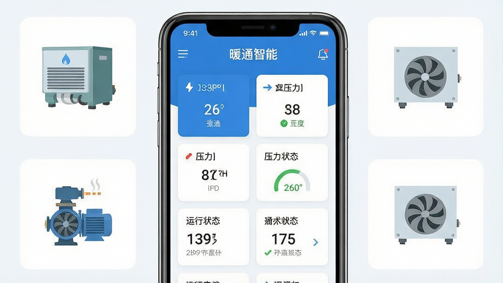 һ��չʾůͨ����app���Ľ�����ֻ���Ļ��ͼ������������ůͨ���ܵ�ʵʱ����Ǳ��̣���ʾ�¶ȡ�ѹ��������״̬�����ݿ�Ƭ�������Ǽ���������ɫ����Χ������ůͨ�豸ͼ����յ����顢ˮ�á�����̹ܵȣ��������ִ���ƽ�����ʸɾ��������޶���Ԫ�أ�����ֱ�ۣ����ֱ�עΪ��ůͨ���ܡ���