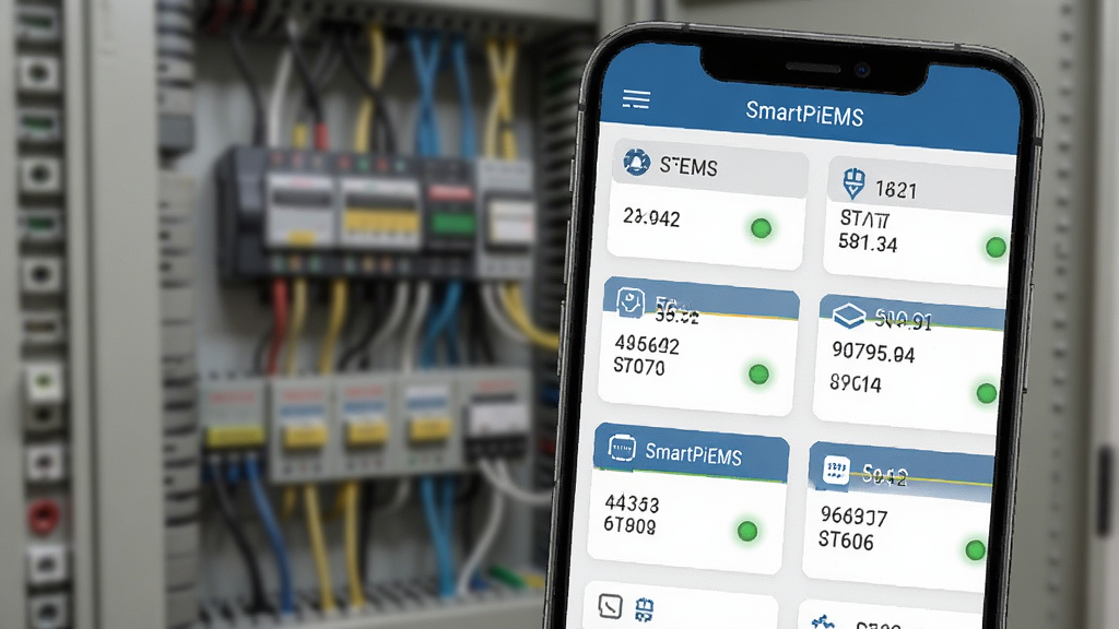 �ֻ���Ļ��ʾ�豸�б����棬���������������š�SmartPiEMS��Ӧ���ڵ��豸��Ƭ��ÿ�ſ�Ƭ�����豸���ơ���ź�״ָ̬ʾ�ƣ�������������黯Ӱ�񣬷���๤ҵ�磬����������������Ԫ��