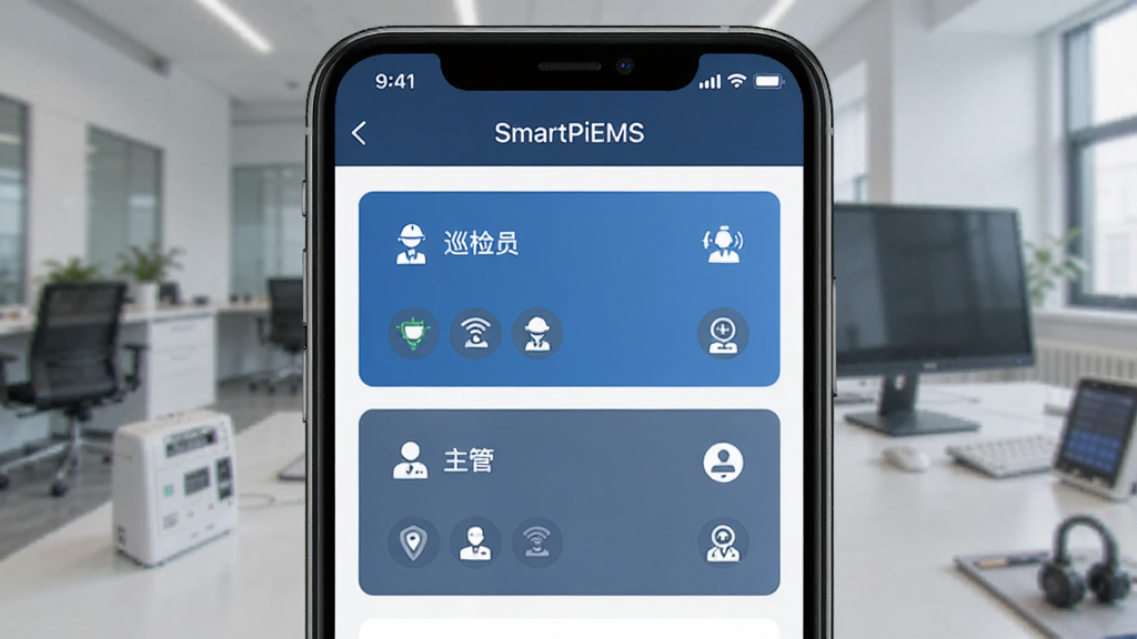 �ֻ���Ļ��ʾ��SmartPiEMS����Ȩ�޹������棬�������г���ͬ��ɫ��Ƭ���硰Ѳ��Ա���͡����ܡ���ÿ����ɫ�Ա��ж�Ӧ�Ĺ���ͼ�꣬�������룬��������࣬�����������޶���Ԫ��