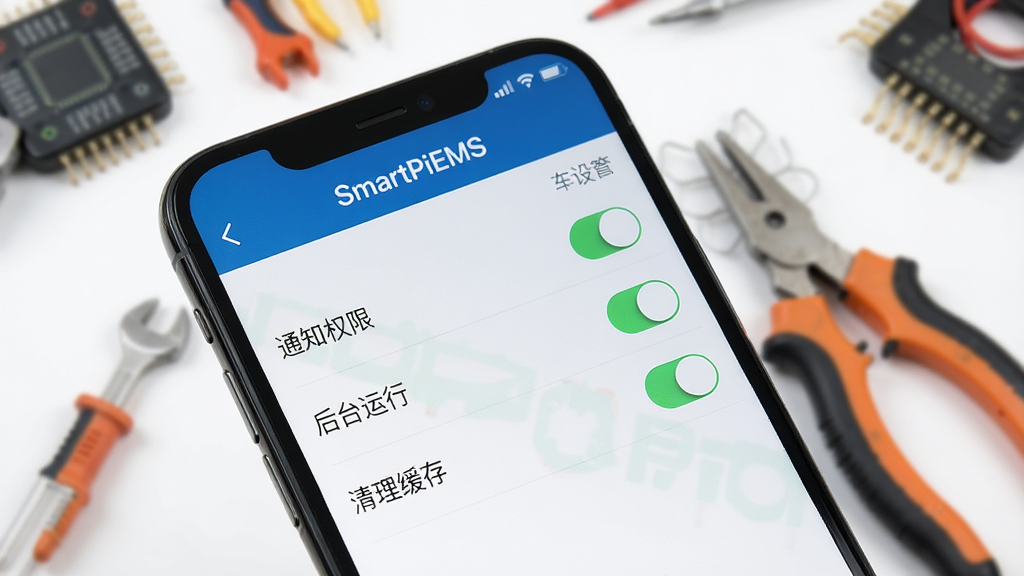 �ֻ���Ļ��ʾ��SmartPiEMS����Ӧ������ҳ�棬ҳ�����С�֪ͨȨ�ޡ�������̨���С������������桱��ѡ��أ��������࣬�����е繤������Ӱ�����ʸɾ����޶���Ԫ��