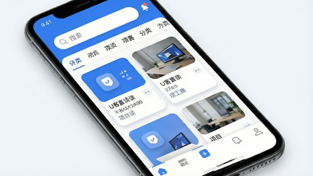 һ��չʾU��̸ֱApp����ȫò��ͼƬ���������ֻ���Ļ����ʾU��̸ֱ����ҳ���棬����Ϊ����������������ǩ���м��ǿ�Ƭʽ��Ŀ�б����ײ�Ϊ���������Ű��������룬����ִ���Լ��ƽ����ϸ���ϴ�����΢��Ӱ��Բ��ͼ�꣬���ʸɾ��޶���Ԫ�أ�����ɫ��������Ϊ����
