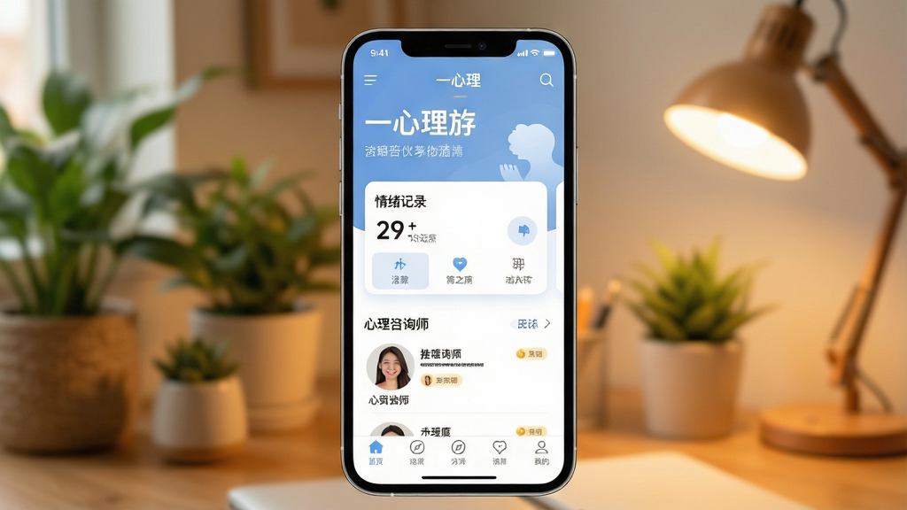 一张手机屏幕特写,屏幕中央显示“一心理”App的首页界面,界面以柔和的蓝白色调为主,顶部有温暖的问候语,中间是情绪记录卡片和心理咨询师推荐列表,底部导航栏清晰可见,背景是温馨的室内环境,有绿植和暖色台灯,风格温暖治愈,细节丰富,画质干净清晰,无多余文字元素,无杂乱背景