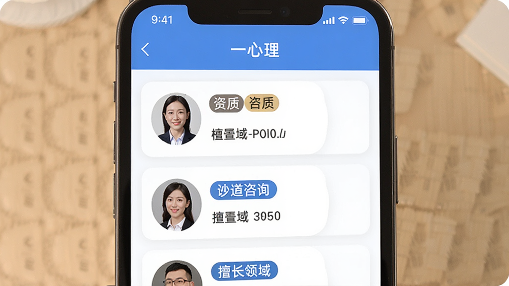 一张手机屏幕截图,展示“一心理”App的咨询师列表页面,每个咨询师头像旁边有资质标签和擅长领域,界面排版清晰,以蓝色和白色为主色调,背景干净,风格专业且温暖,画质清晰,无多余元素