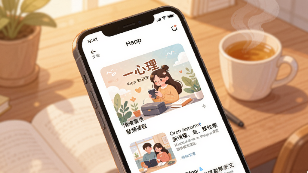 一张手机屏幕的插图,显示“一心理”App的知识库页面,页面中有音频课程封面和文章列表,封面设计精美,以柔和的插画风格为主,背景是书桌和一杯热茶,风格温馨治愈,画质干净,无多余元素