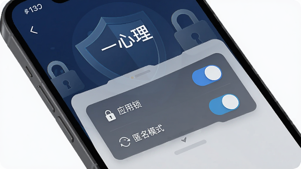 一张手机屏幕的特写,屏幕显示“一心理”App的隐私设置页面,有应用锁和匿名模式的开关按钮,界面设计简洁,以深蓝色和灰色为主,背景是抽象的盾牌和安全锁图标,风格科技感且安全可靠,画质干净,无多余元素