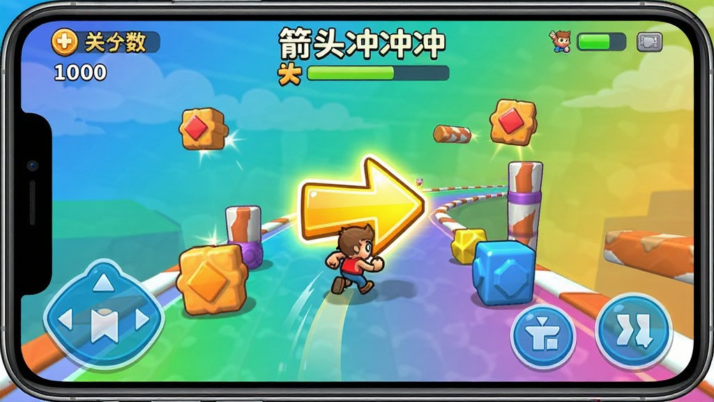 一张展示手机游戏界面截图的图片,画面中央是一个明亮的箭头角色在充满障碍和道具的赛道上冲刺,背景是鲜艳的渐变色彩,顶部显示分数和关卡进度,底部有操作按钮,整体风格卡通休闲,画质清晰,干净无多余元素,图片中带有文字