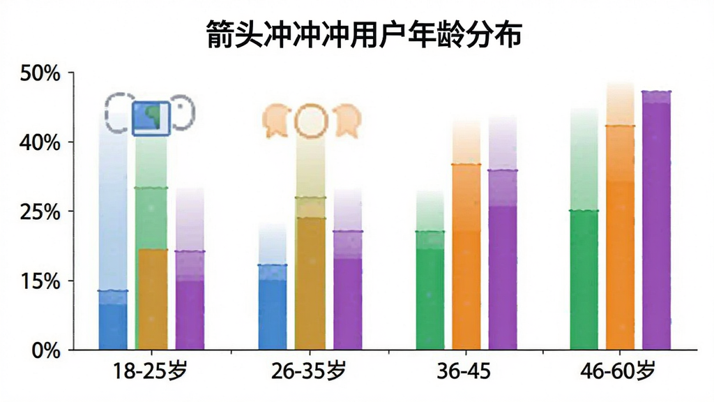 一张柱状图展示不同年龄段用户占比,横轴标注18-25岁、26-35岁、36-45岁、46-60岁,纵轴显示百分比,柱子颜色分别为蓝色、绿色、橙色、紫色,图表标题为