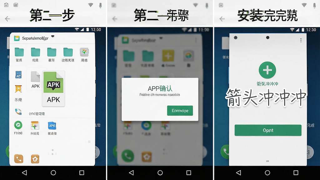 一张手机安装APK文件的步骤示意图,画面分为三个部分:第一步在文件管理器中找到APK文件,第二步弹出安装确认界面,第三步安装完成显示打开按钮,背景是安卓系统界面,风格简洁教程风,画质清晰,干净无多余元素,图片中带有文字