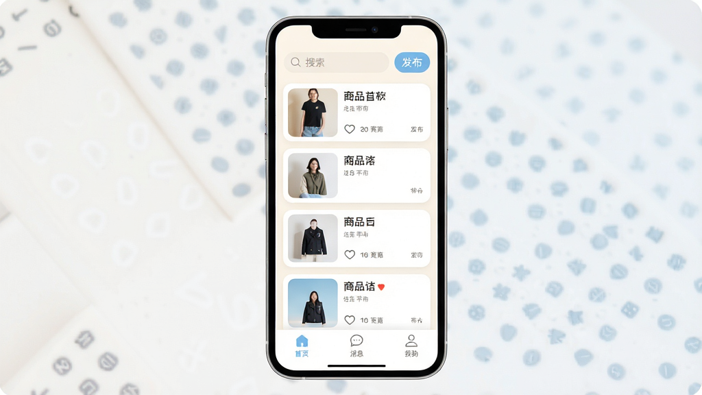 闲置二手转手App主界面展示,手机屏幕中央是简洁的商品信息流列表,顶部有搜索栏和发布按钮,底部是首页、消息、我的三个导航标签。界面以暖白和浅蓝为主色调,卡片式布局,图片清晰,文字标签明确,风格现代扁平,细节圆润,画质干净无多余元素。
