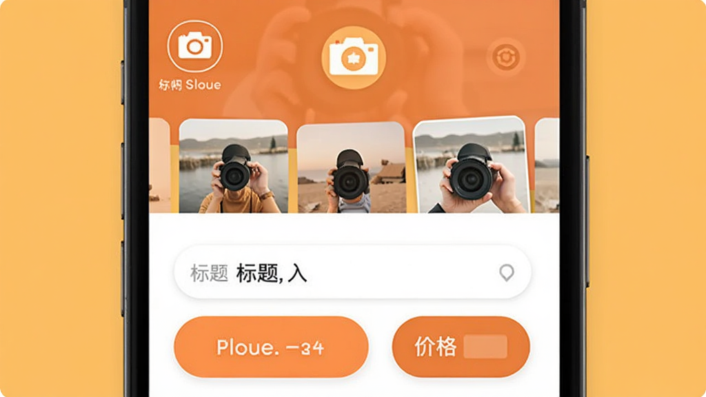 闲置二手转手App发布商品页面,手机屏幕显示相机图标和已上传的图片缩略图,下方是标题输入框和价格输入框,界面简洁,按钮大而醒目,暖色调背景,现代扁平设计风格,画质干净无多余元素。