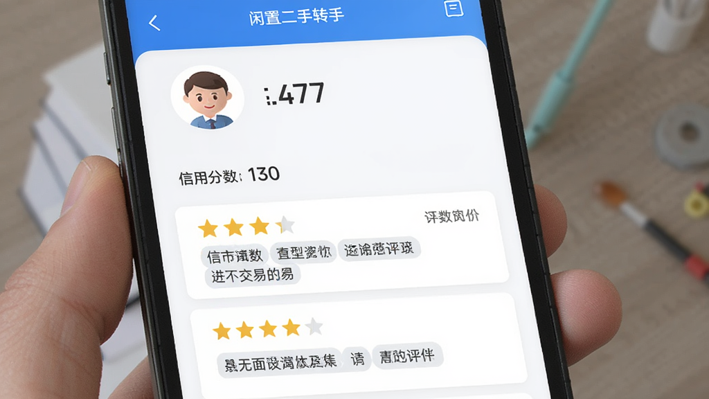 闲置二手转手App信用评价页面,手机屏幕显示用户头像、信用分数值、历史交易评价列表,评价内容带有星级和文字标签,界面排版整齐,蓝白配色,风格简洁专业,画质清晰无多余元素。