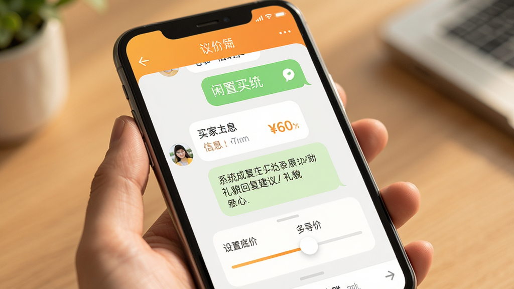 闲置二手转手App议价助手界面,手机屏幕显示聊天对话框,买家出价信息下方有系统自动生成的礼貌回复建议,界面有设置底价的滑块控件,暖色调,布局清晰,风格现代,画质干净。
