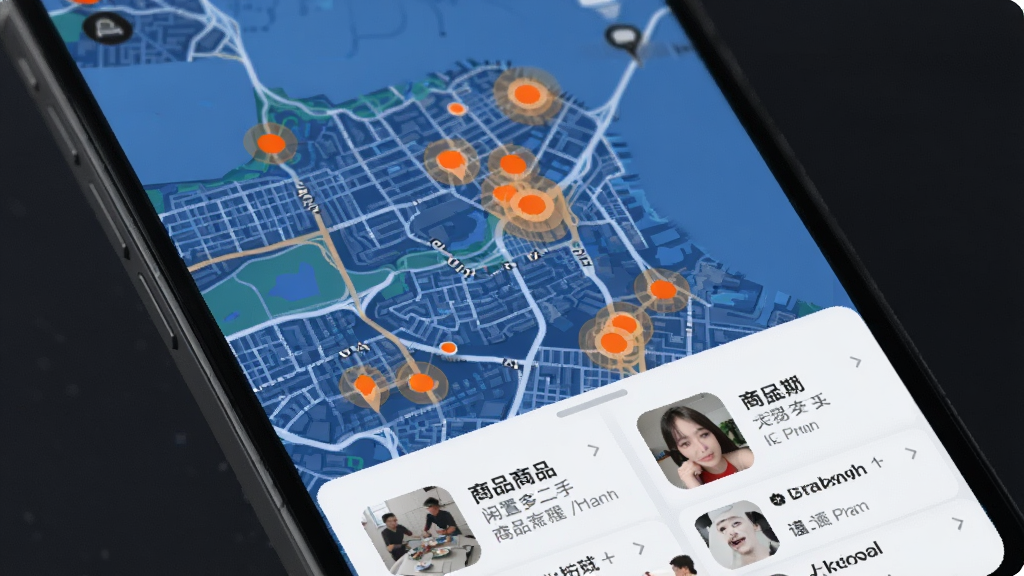 闲置二手转手App在同城地图上显示附近交易热点的界面,手机屏幕显示城市地图,地图上有多个橙色圆点标记热点区域,底部弹出商品列表卡片,界面风格现代扁平,配色清晰,画质干净无多余元素。