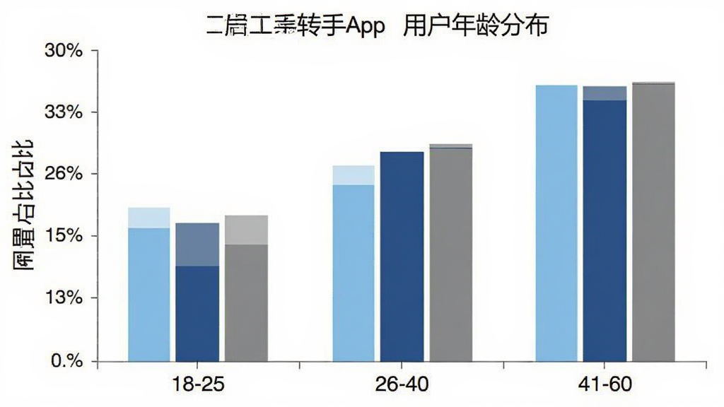 闲置二手转手App用户年龄分布柱状图,横轴为年龄段18-25、26-40、41-60,纵轴为用户占比百分比,柱状图颜色分别为浅蓝、深蓝、灰色,图表简洁清晰,背景干净,无多余装饰元素。