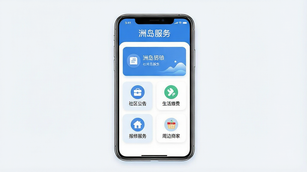 一张展示“洲岛服务”手机应用主界面的截图风格图片,画面中央是一部现代智能手机,屏幕显示“洲岛服务”App首页,顶部有“洲岛服务”文字标识,界面以蓝白配色为主,包含社区公告、生活缴费、报修服务、周边商家等功能图标,布局清晰整齐,风格现代扁平化,细节圆润,画质干净清晰,无多余元素