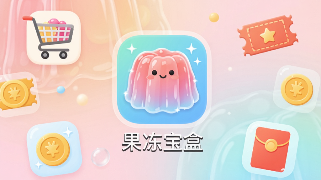 一张展示果冻宝盒手机应用主界面的图片,画面中央是果冻宝盒App的图标和名称“果冻宝盒”,周围环绕着购物车、优惠券、金币、红包等扁平化图标,背景为柔和的果冻色渐变,布局简洁明了,风格清新可爱,细节圆润,画质干净无多余元素