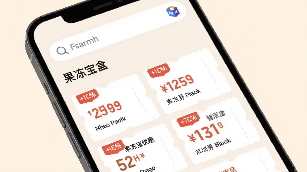 展示果冻宝盒优惠券搜索功能的界面,手机屏幕中显示搜索框和“果冻宝盒”字样,下方列出多个电商平台的优惠券卡片,卡片上有折扣标签和金额,背景为浅色,布局清晰,风格现代扁平,画质干净无多余元素