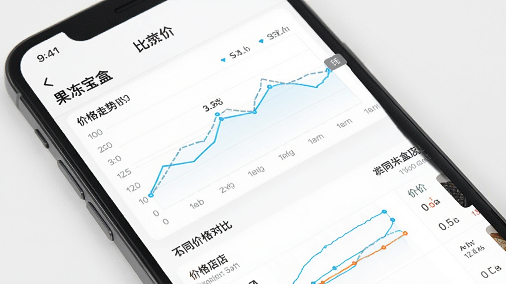 展示果冻宝盒比价功能的界面,手机屏幕中显示“果冻宝盒”比价页面,包含价格走势折线图和不同店铺价格对比列表,背景为白色,布局清晰,风格简洁现代,画质干净无多余元素