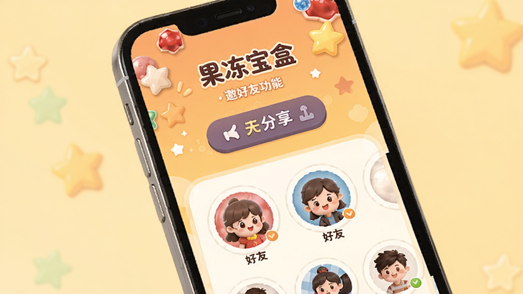 展示果冻宝盒邀请好友功能的界面,手机屏幕中显示“果冻宝盒”邀请页面,有分享按钮和好友头像列表,背景为暖色调,布局活泼,风格卡通可爱,画质干净无多余元素