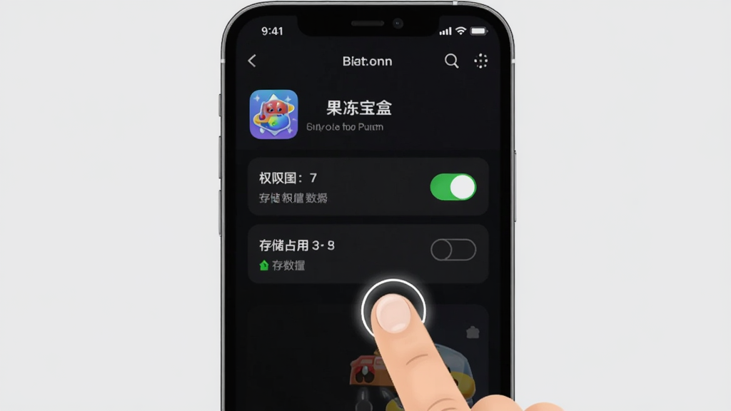 展示果冻宝盒在手机上的安装和权限设置界面,画面中手机屏幕显示“果冻宝盒”应用信息页面,有权限开关和存储占用数据,旁边有手指点击操作的示意,背景为浅灰色,布局清晰,风格简洁,画质干净无多余元素