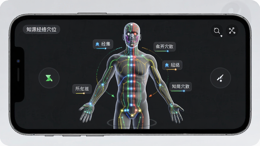 一张展示知源经络穴位App内部3D人体经络模型的界面截图,主体是手机屏幕,屏幕内呈现一个可旋转的3D人体模型,模型上清晰标注着彩色经络走向和闪烁的穴位点,布局为全屏沉浸式,风格现代简约,细节有悬浮的穴位名称标签,画质4K超清,干净无噪点