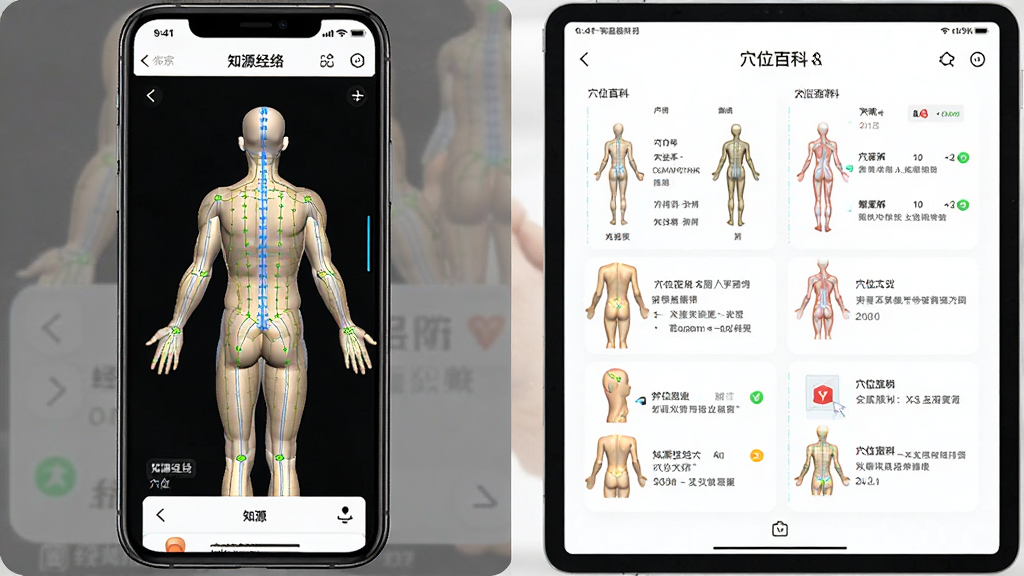 一张展示知源经络穴位App在手机和平板双设备上的运行效果对比图,主体为左边手机显示3D经络模型,右边平板显示穴位百科页面,布局左右分栏,风格科技感展示,细节屏幕内容清晰可见,画质高清无杂乱背景