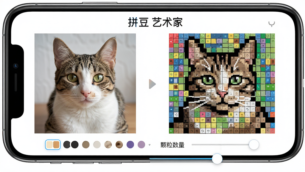 ƴ��������App����Ƭתͼֽ���ܽ��棬�ֻ���Ļ��ʾһ��è����Ƭ����ת��Ϊ����ƴ��ͼֽ�������ԭͼ���Ҳ���ת����Ĳ�ɫ����ͼ����Ļ�Ϸ��С�ƴ�������ҡ����֣��·���ɫ�źͿ����������ڻ��飬�����������죬�����������޶���Ԫ��