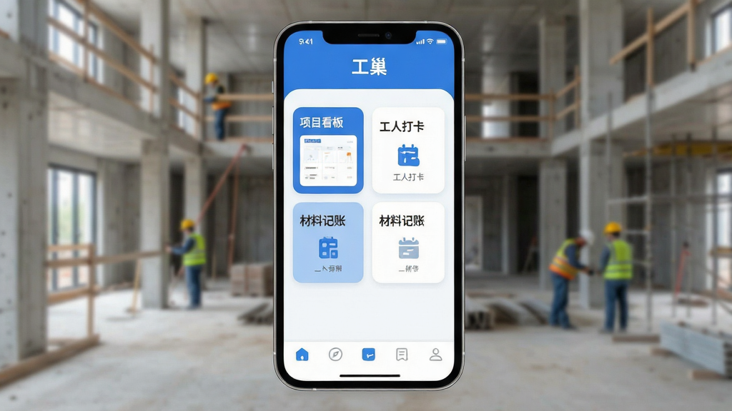 һ��չʾ�ֻ���Ļ��ͼƬ����Ļ���ǡ�������APP�������棬��ɫ��Ϊ��ɫ�Ͱ�ɫ�����涥����ʾ���������������ƣ��м����򲼾�����������Ŀ���塢���˴򿨡����ϼ��˵�ģ��Ŀ�Ƭʽ��ڣ��ײ��е�������������ģ�����ִ�װ�޹��س������������ִ���ƽ��ϸ��Բ�󣬻��ʸɾ����޶���Ԫ��