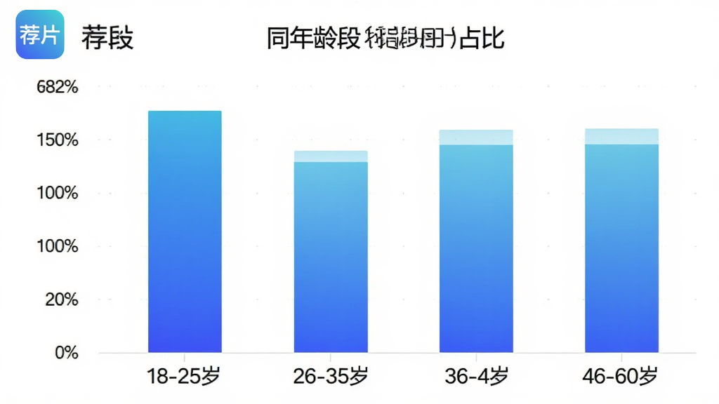 柱状图展示不同年龄段用户占比,横轴标注年龄段18-25岁、26-35岁、36-45岁、46-60岁,纵轴标注百分比,柱状图颜色以蓝色渐变为主,图表风格简洁现代,带有