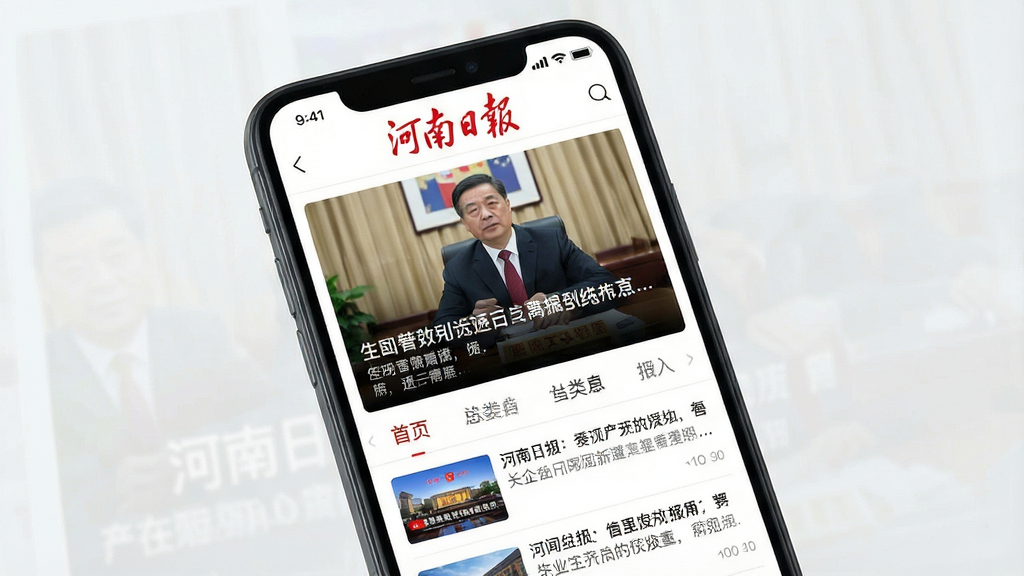 一张手机屏幕展示新闻资讯App首页的图片,画面主体是手机,布局为顶部显示“河南日报”红色报头Logo,中间是头条新闻大图配文字标题,下方是分类导航栏和新闻列表,风格简洁大气,细节清晰,画质干净,无多余元素
