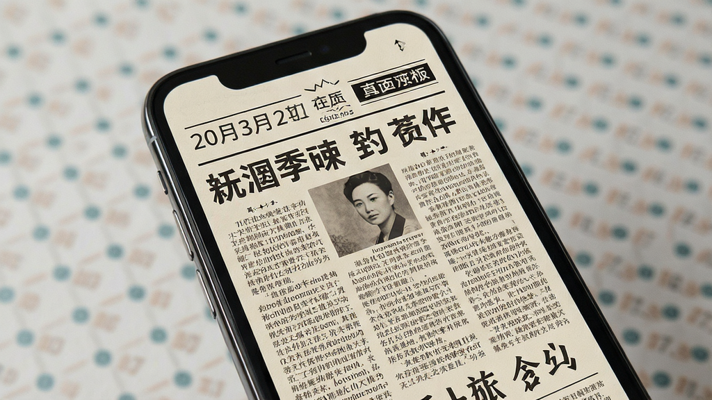 一张展示手机屏幕显示数字报版面的图片,画面主体是手机,布局为屏幕中间呈现传统报纸排版样式,有文章标题和正文分栏,顶部有日期和版面导航,风格复古又现代,细节文字清晰,画质干净,无多余元素
