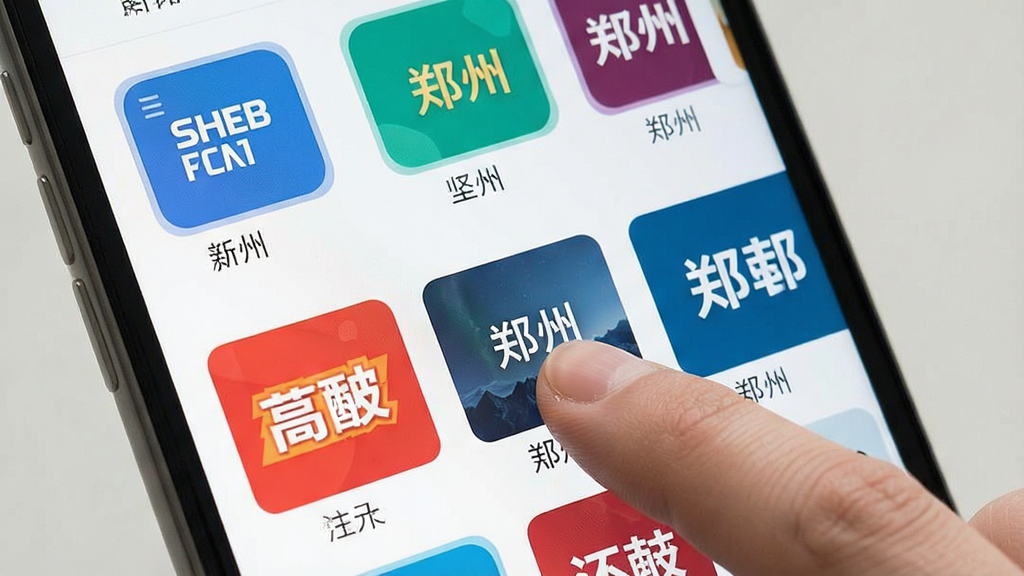 一张手机屏幕展示新闻App频道订阅界面的图片,画面主体是手机,布局为屏幕显示多个频道标签,用户手指正在点击“郑州”频道,风格扁平化,细节图标清晰,画质干净,无多余元素