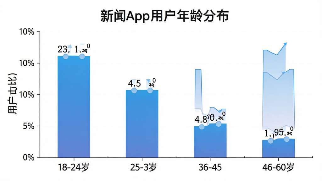 一张柱状图展示新闻App用户年龄分布的图片,画面主体是图表,布局为横轴显示18-24岁、25-35岁、36-45岁、46-60岁年龄段,纵轴显示用户占比百分比,柱子颜色为蓝色渐变,风格简洁数据可视化,细节数字标注清晰,画质干净,无多余元素