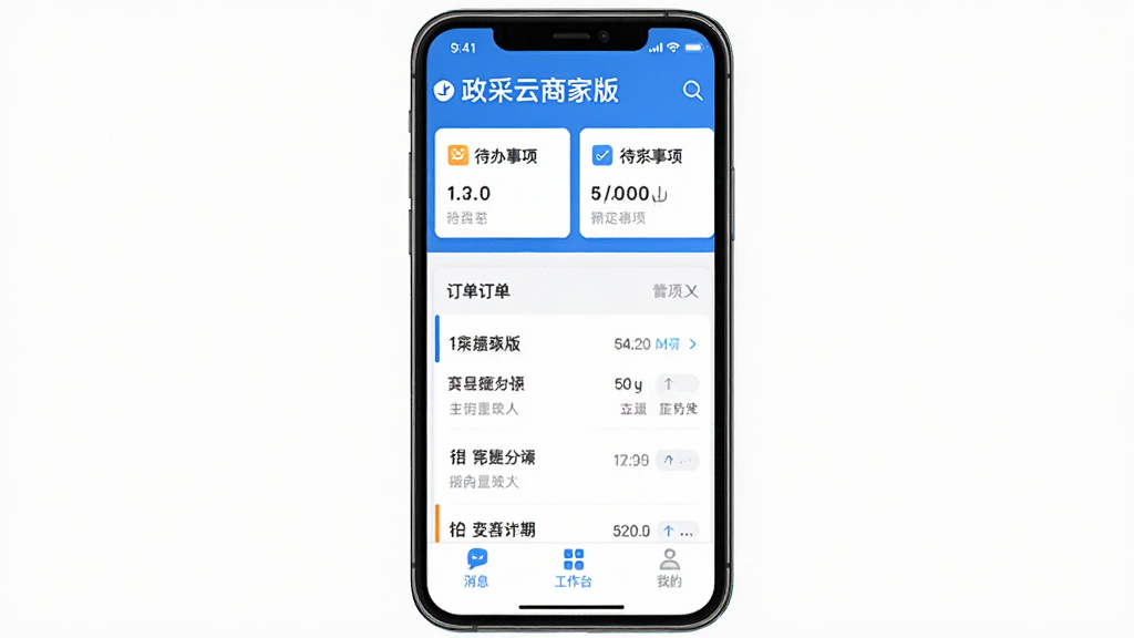 手机上显示政采云商家版工作台界面,顶部是待办事项卡片,中间是订单列表,底部有消息、工作台、我的三个选项,整体用蓝白色调,风格简洁商务,细节清晰,画质干净无多余元素。