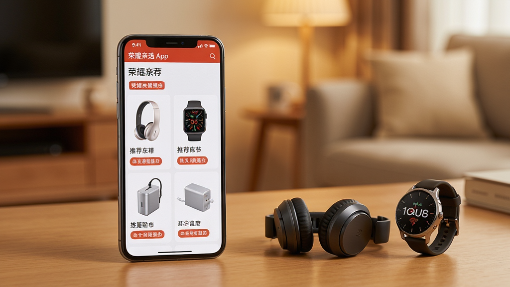 一张展示荣耀亲选App智能推荐功能的图片,画面中一部手机放置在桌面上,手机屏幕显示着荣耀亲选App的推荐页面,页面中清晰展示着耳机、智能手表、充电器等商品卡片,每个卡片下方有推荐理由标签,手机旁边摆放着真实的耳机和手表实物,背景是温馨的家居环境,整体风格温暖舒适,画质细腻干净,无多余元素