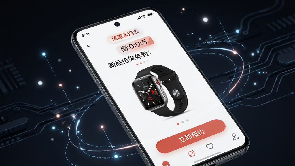 一张展示荣耀亲选App新品抢先体验板块的图片,画面主体是一部手机,屏幕显示着荣耀亲选App的新品首发页面,页面顶部有倒计时标签,中间展示着一款全新的智能手表产品图,下方有立即预约按钮,手机周围散落着一些科技感的光点和线条装饰,整体风格前卫时尚,画质清晰锐利,无多余元素